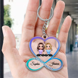 Sisters Besties Forever Doll Girls Sitting Infinity Heart Personalized Acrylic Keychain