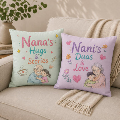 Nana’s Hugs & Stories + Nani’s Duas & Love Cushion Set – Gift for Grandparents in Pakistan