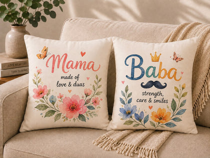 Mama Made of Love & Duas + Baba Strength, Care & Smiles Cushion Set – Gift for Parents in Pakistan
