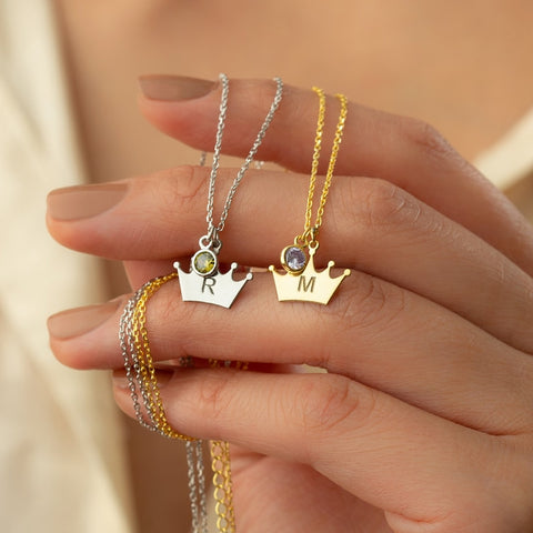 Initial Birthstone Crown Necklace